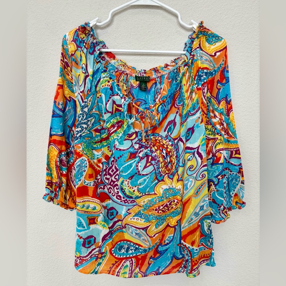 Lauren Ralph Lauren Paisley Boho Peasant Blouse Sm Colorful 3/4 Sleeve Tie Neck‎